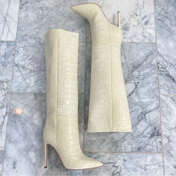 PARIS TEXAS Embossed Croco Bone China Cream Tall Stiletto Boots - Picture 15 of 16